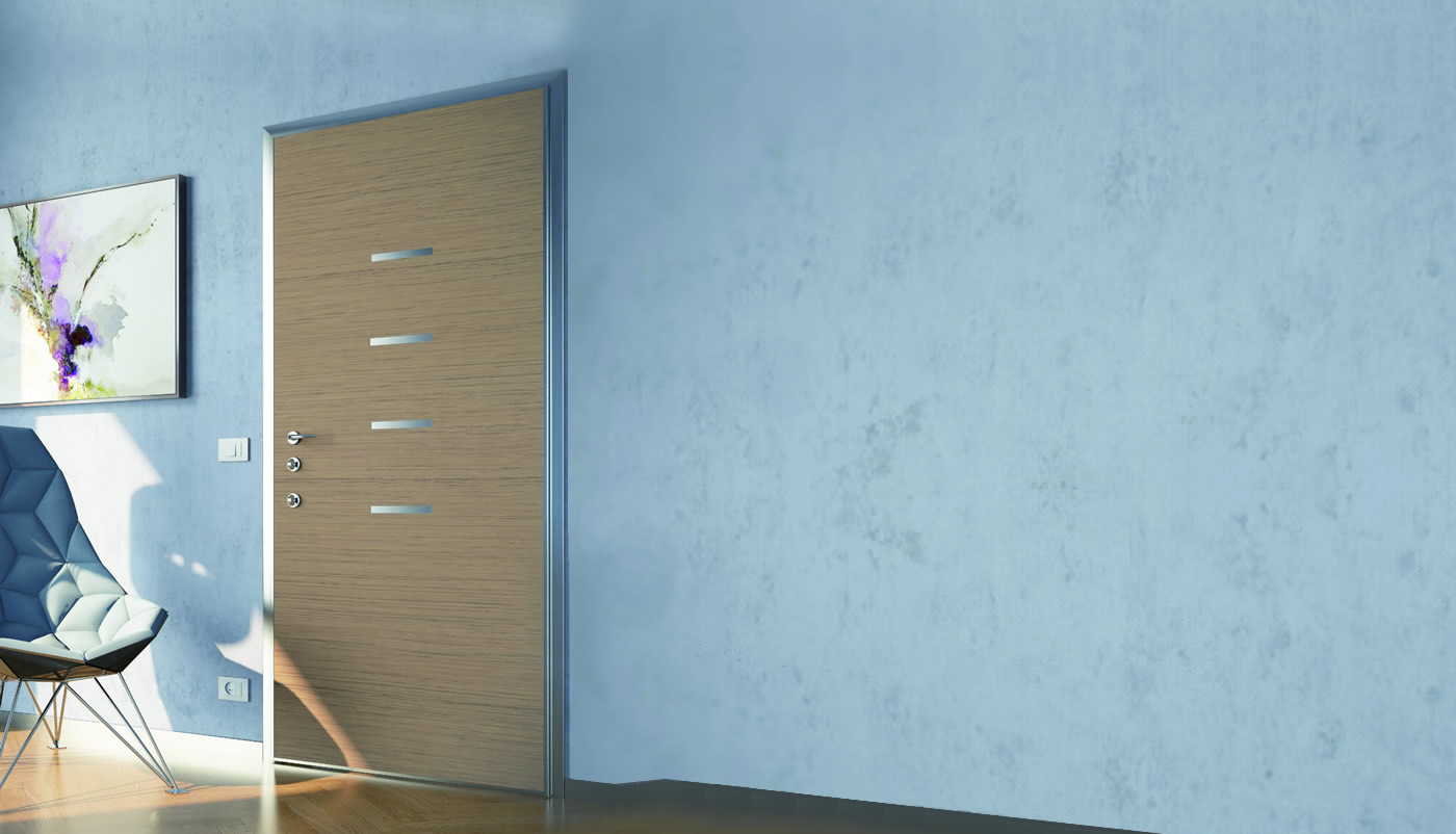Porta blindata FAIP in finitura legno, in un ambiente contemporaneo