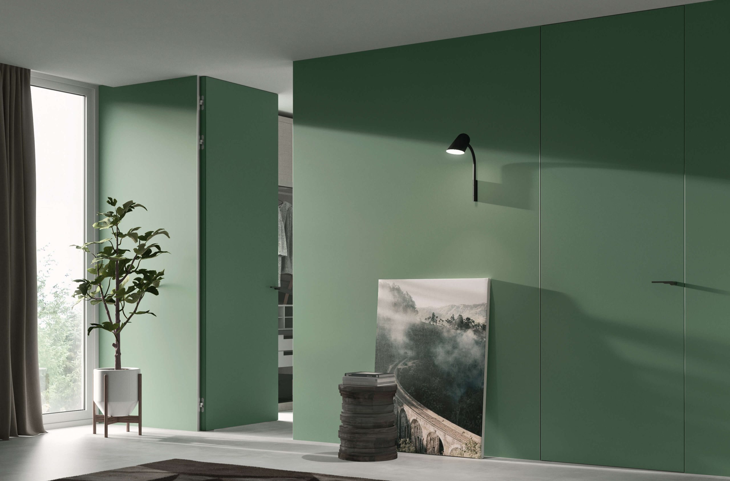Porte filo muro Venus Design Rasoplan coordinate a una parete verde